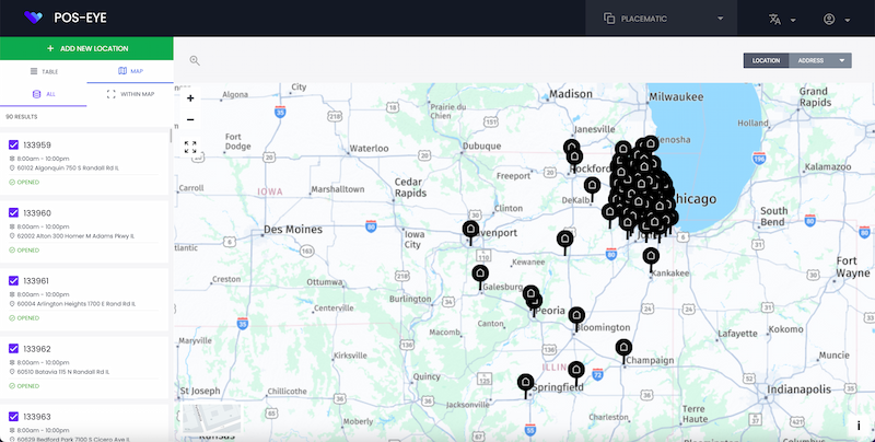 Pos-Eye dashboard for managing and organizing store and service locations