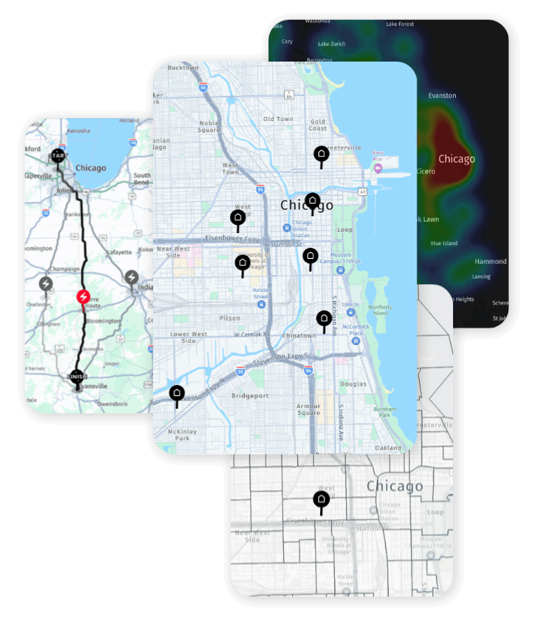 Placematic platform showing routing, store locator with location pins, and heatmap analytics on Chicago area maps