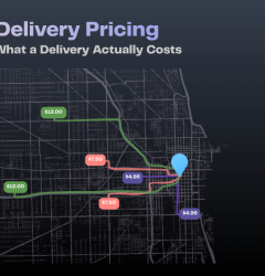 Dynamic delivery pricing map showing delivery zones priced by distance — closer zones cheaper, farther zones higher, based on real road routing