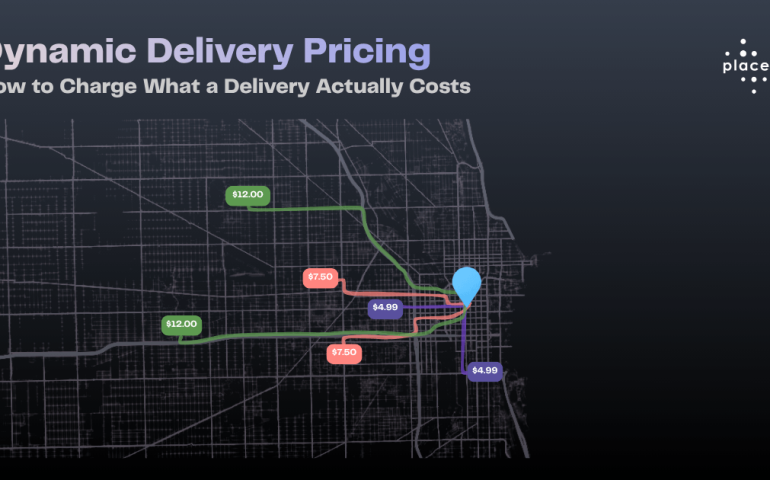 Dynamic delivery pricing map showing delivery zones priced by distance — closer zones cheaper, farther zones higher, based on real road routing