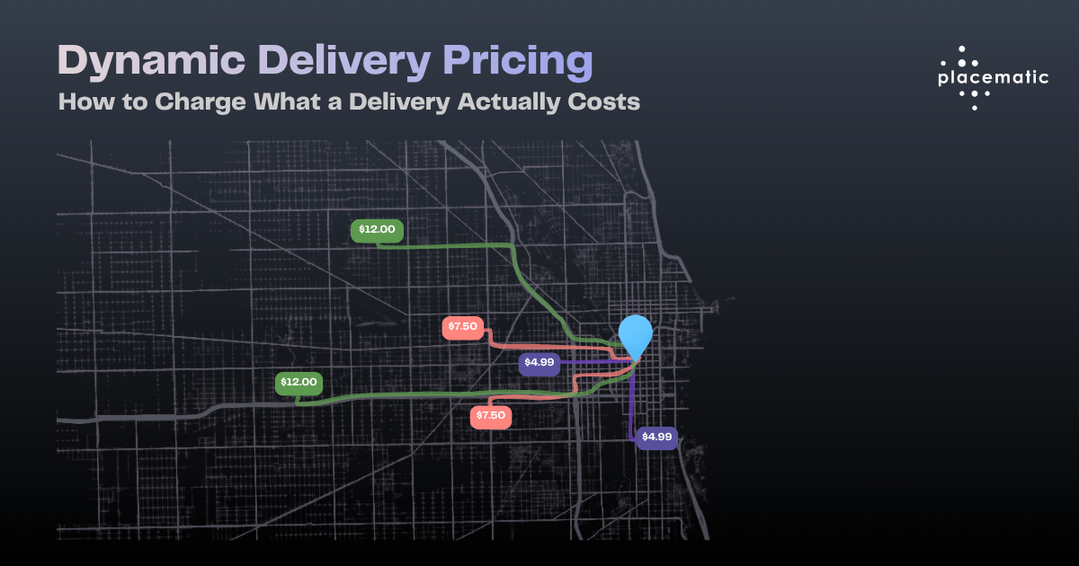 Dynamic delivery pricing map showing delivery zones priced by distance — closer zones cheaper, farther zones higher, based on real road routing