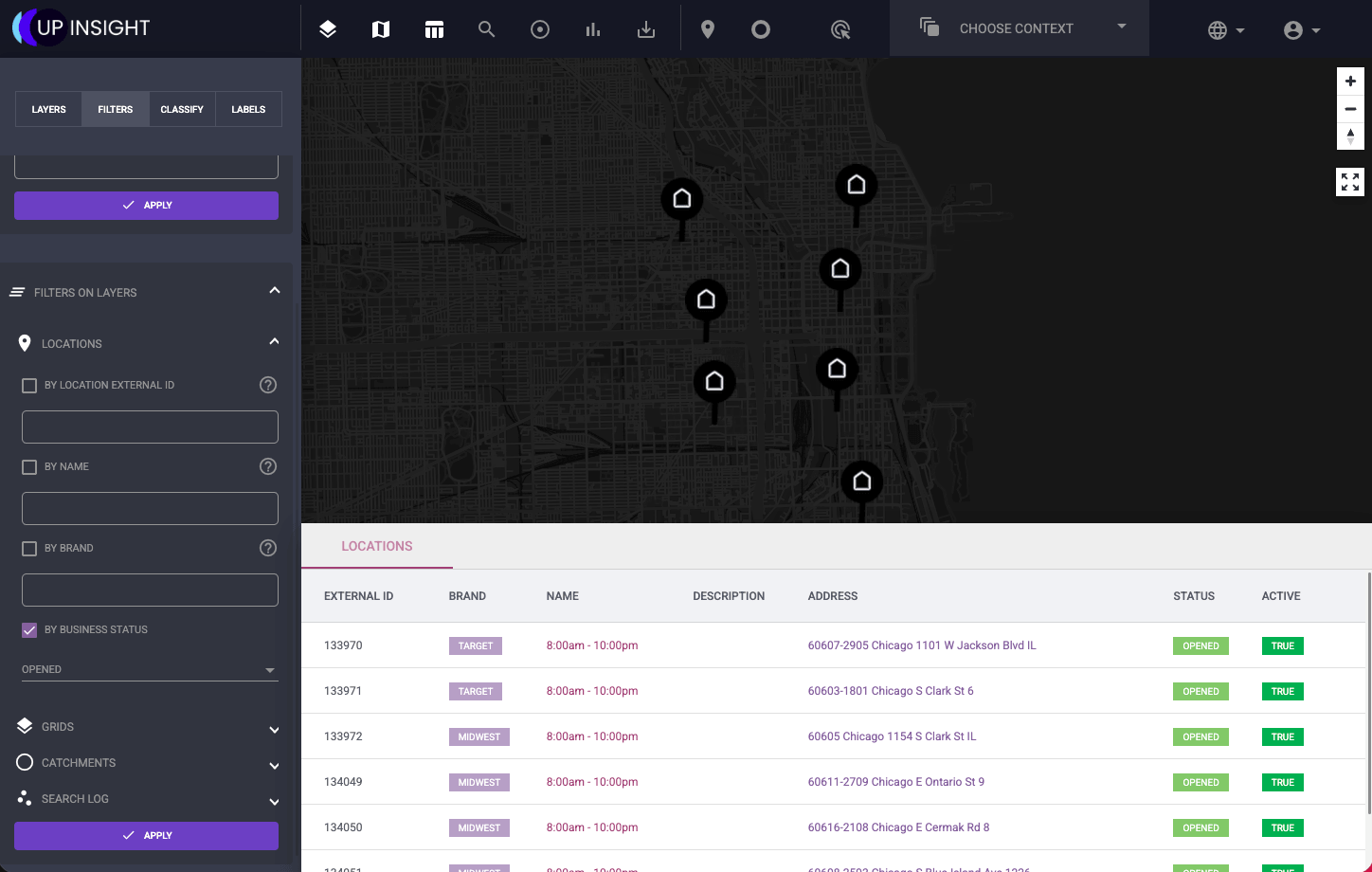 UpInsight locations layer showing store pins on a dark map with a filterable data table listing addresses, brands, business hours, and status — Placematic spatial analytics
