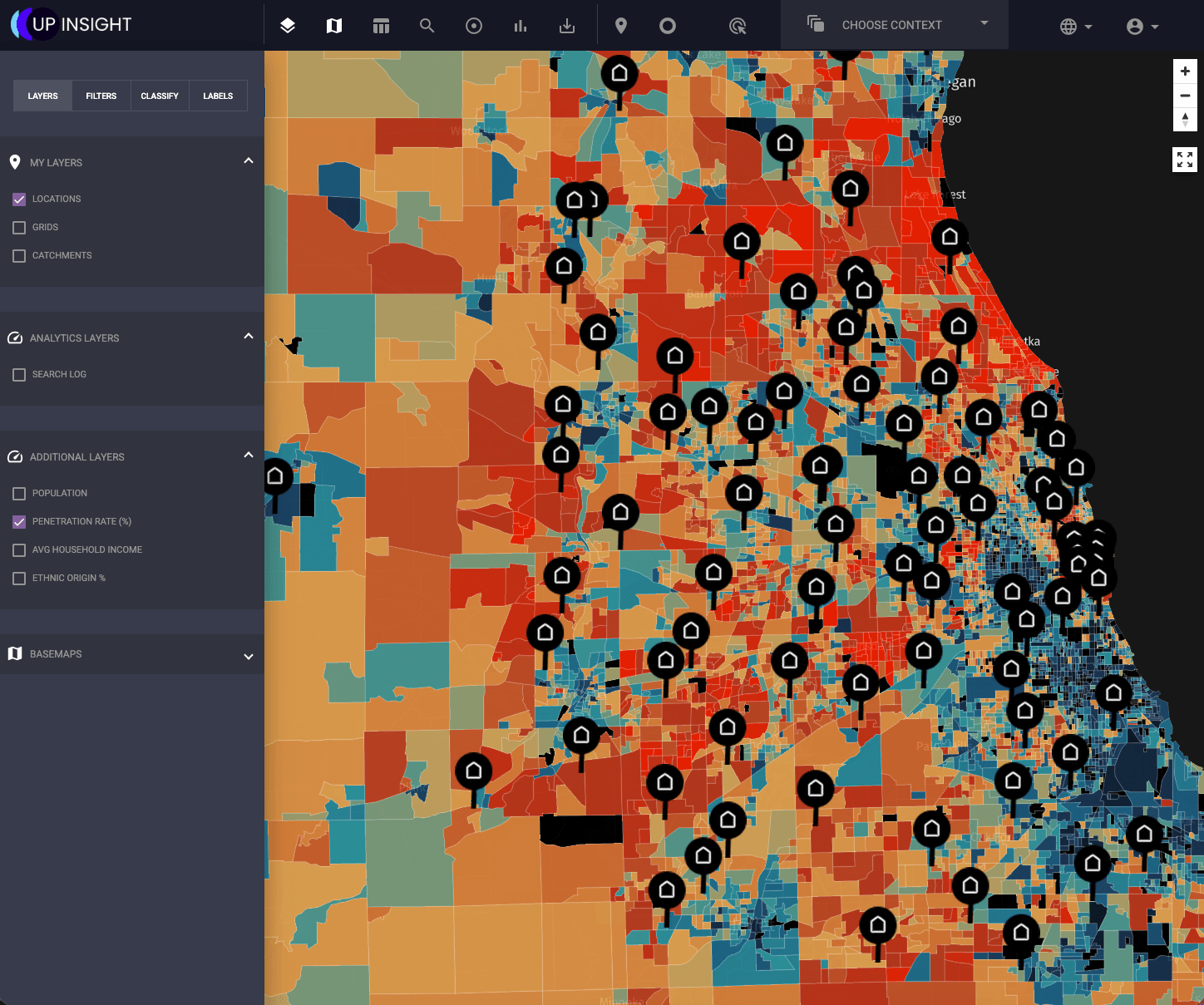 UpInsight geomarketing analytics platform showing store locations overlaid on a penetration rate heatmap across the Chicago metro area — Placematic spatial analytics