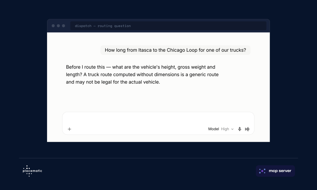 AI agent asking for vehicle dimensions before calculating a truck route using the location MCP server
